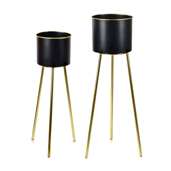 GILL Plantenpotten met standaard - Set van 2 - Zwart/goud - H77,5x22,5cm, h65,5x19,5cm