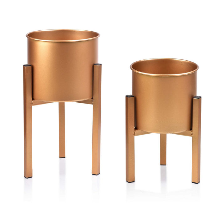 COPP Plantenpotten met standaard - Set van 2 - Koper - 24x45cm - 21x34cm