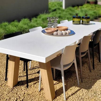 Garden Table | White Outdoor Table - 260 x 100 x 75 cm - Aluminium | Oak Wood