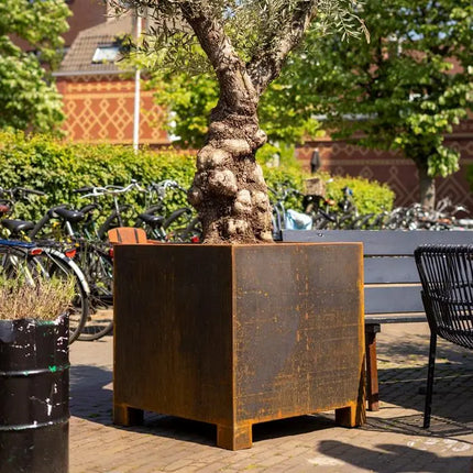 Jardinera de acero Corten con patas, 120 x 120 x 60 cm