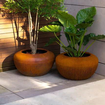 Pot de fleurs rond en acier Corten 98 x 53 cm - Avec socle