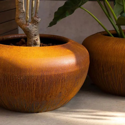 Pot de fleurs rond en acier Corten 98 x 53 cm - Avec socle