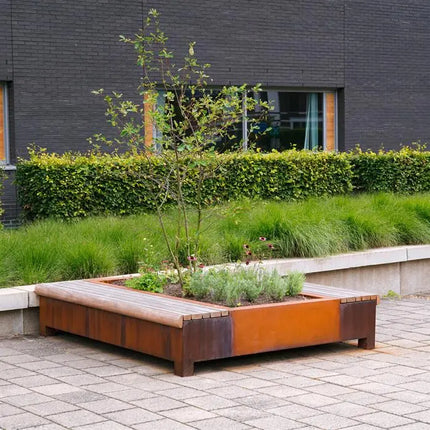 Pflanzkübel aus Cortenstahl mit Sitzbank, 2000 x 2000 x 450 mm