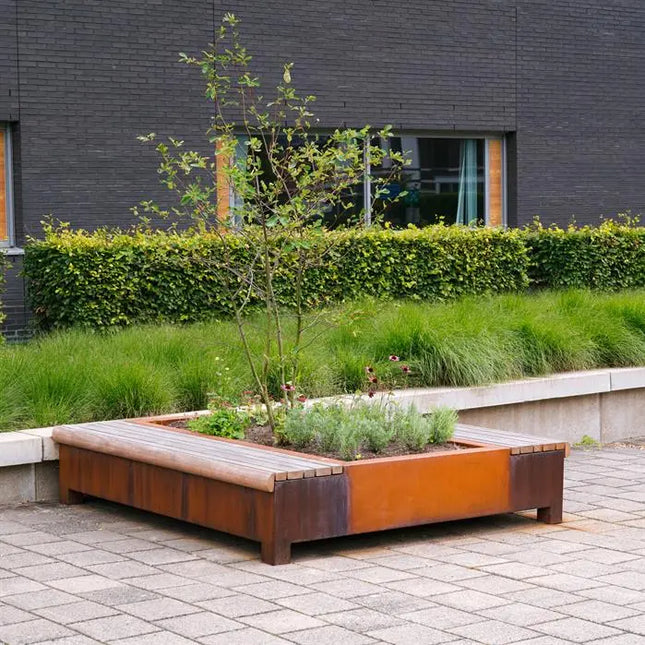 Jardinera de acero Corten con banco, 2000 x 2000 x 450 mm