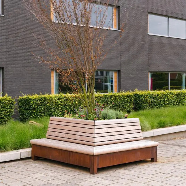 Jardinera de acero Corten con banco, 2000 x 2000 x 900 mm