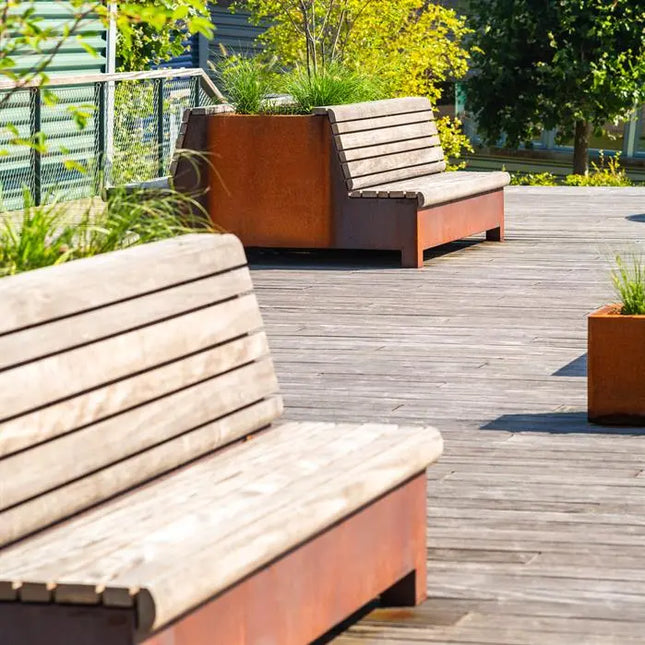 Jardinera de acero Corten con banco, 2000 x 2000 x 900 mm