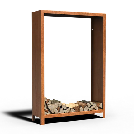 Contenitore in acciaio Corten per legna, dimensioni 120 x 400 x 180 cm.