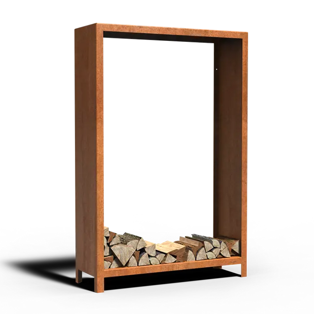 Contenitore in acciaio Corten per legna, dimensioni 120 x 400 x 180 cm.