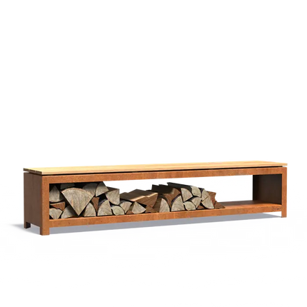 Banc de rangement en acier Corten et bois 200 x 40 x 42,4 cm
