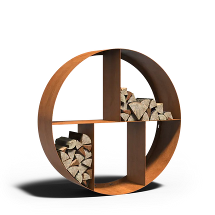 Coffret de rangement rond en acier Corten et bois 150 x 40 cm