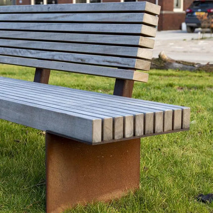 Banco de acero Corten con respaldo, 230 x 67 x 102,3 cm - Madera dura de Garapa