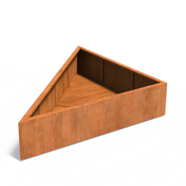 Jardinera triangular de acero Corten de 180 x 180 x 40 cm.