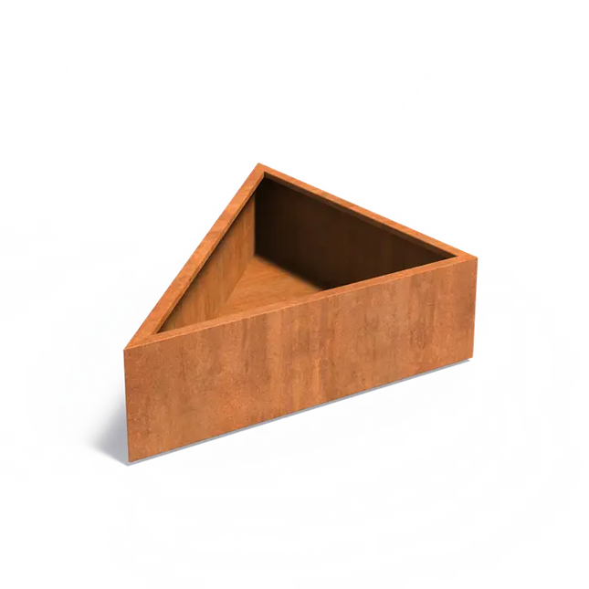 Jardinera triangular de acero Corten de 140 x 140 x 40 cm.