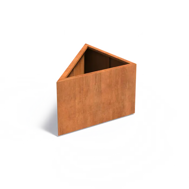 Jardinera triangular de acero Corten de 100 x 100 x 60 cm.