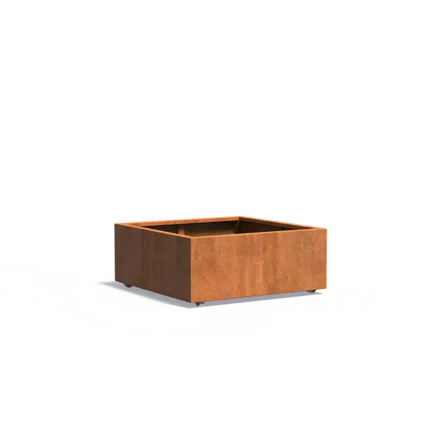 Jardinera de acero Corten con ruedas, 100 x 100 x 40 cm