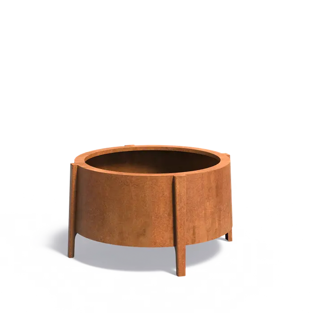Jardinera redondo de acero Corten con patas, 100 x 60 cm.