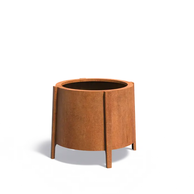 Jardinera redondo de acero Corten con patas, 80 x 75 cm.