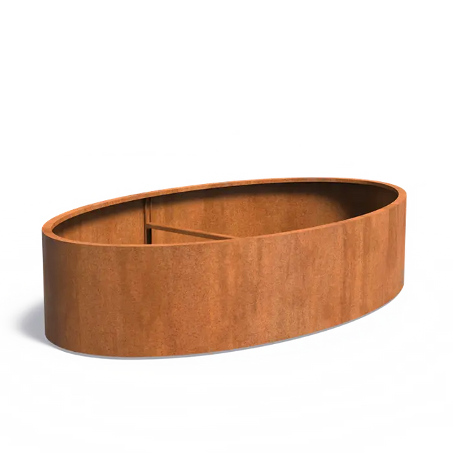 Jardinera ovalado de acero Corten de 280 x 160 x 60 cm.