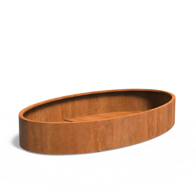 Jardinera ovalado de acero Corten de 280 x 160 x 40 cm.