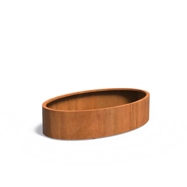 Jardinera ovalado de acero Corten de 200 x 120 x 40 cm.
