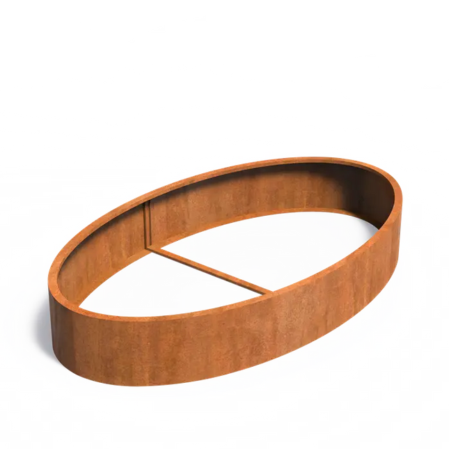 Jardinera ovalado de acero Corten de 280 x 160 x 40 cm.