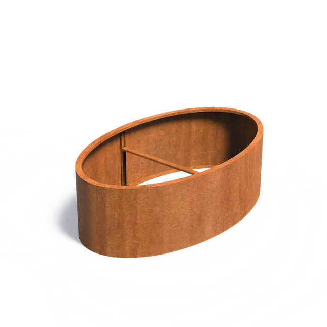 Jardinera ovalado de acero Corten de 200 x 120 x 60 cm.