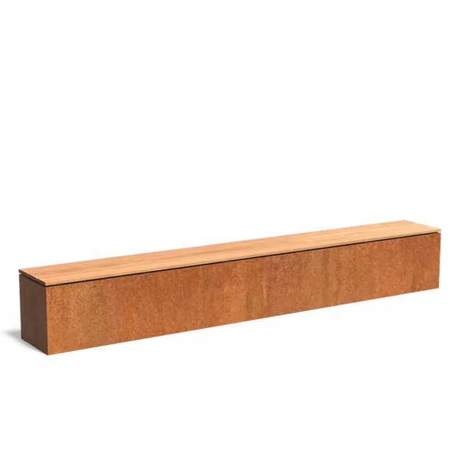 Banco de acero Corten con base y asiento de 300 x 40 x 43 cm.