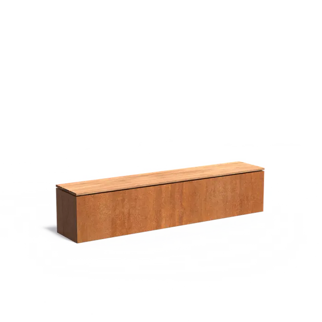 Banco de acero Corten con base y asiento de 200 x 40 x 43 cm.