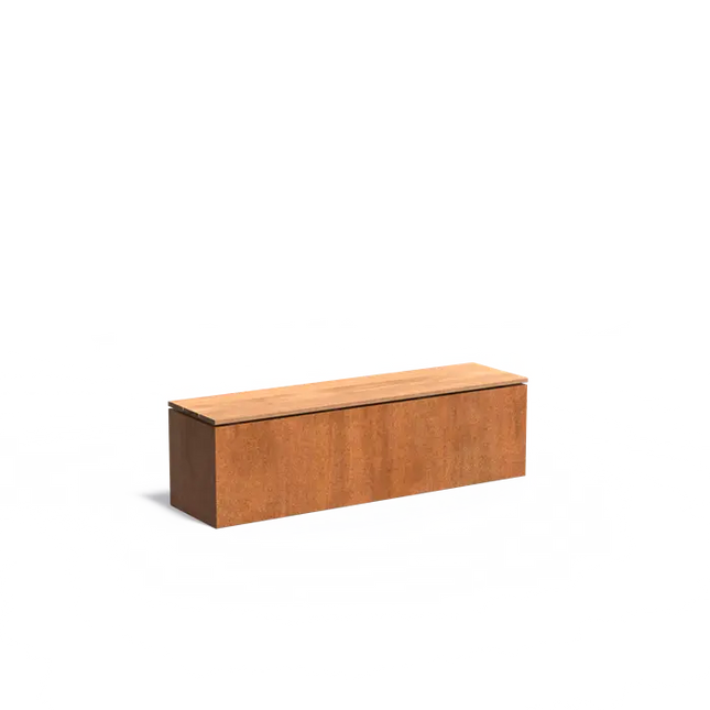 Banco de acero Corten con base y asiento de 150 x 40 x 43 cm.