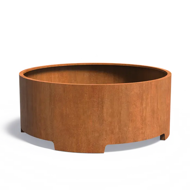 Jardinera redondo de acero Corten con patas, 200 x 80 cm