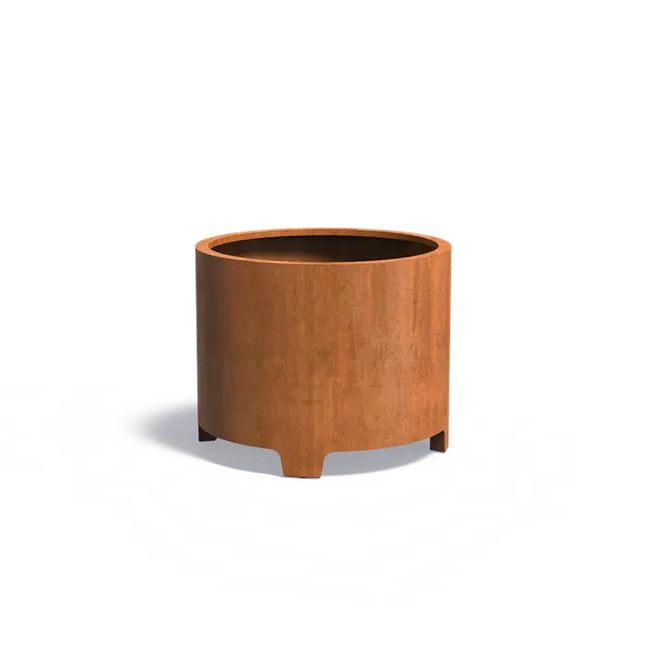 Jardinera redondo de acero Corten con patas, 100 x 80 cm