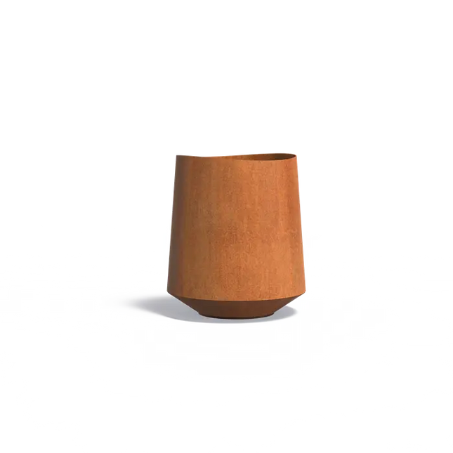 Jardinera redondo de acero Corten de 70 x 80 cm con base.