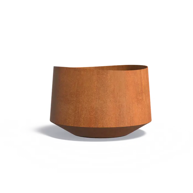 Jardinera redondo de acero Corten de 120 x 80 cm con base.