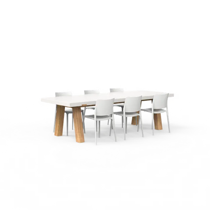 Garden Table | White Outdoor Table - 260 x 100 x 75 cm - Aluminium | Oak Wood