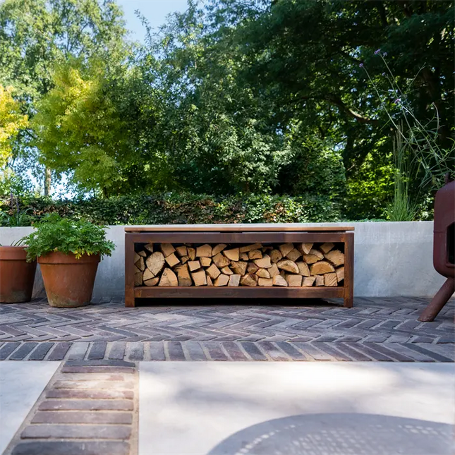Panca contenitore in acciaio Corten e legno - 200 x 40 x 42,4 cm