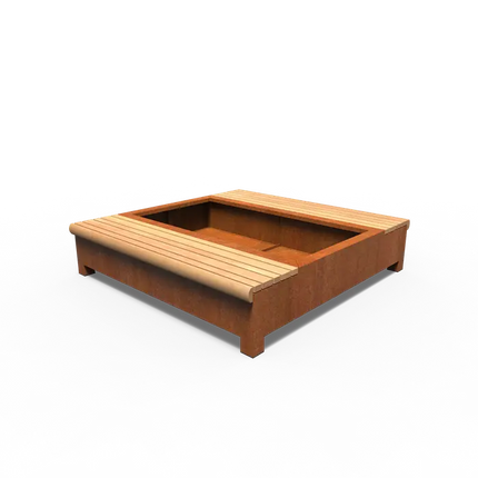 Pflanzkübel aus Cortenstahl mit Sitzbank, 2000 x 2000 x 450 mm