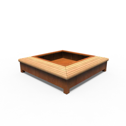 Pflanzkübel aus Cortenstahl mit Sitzbank, 2000 x 2000 x 450 mm