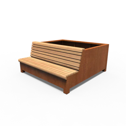 Pflanzkübel aus Cortenstahl mit Sitzbank, 2000 x 2000 x 900 mm