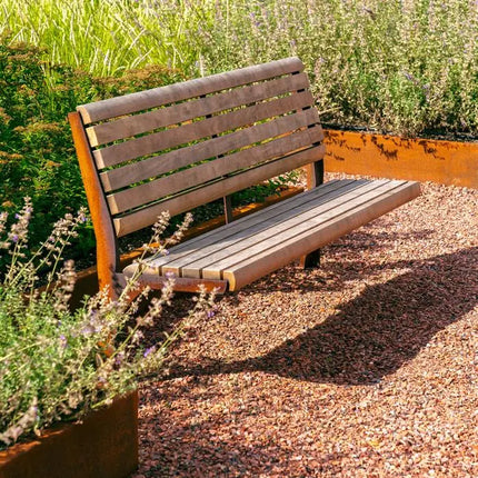 Banc en acier Corten avec dossier 150 x 62,5 x 104 cm - Bois dur Garapa