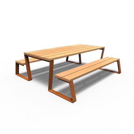 Ensemble de pique-nique en acier Corten 230 x 227 x 76 cm - Bois dur Garapa