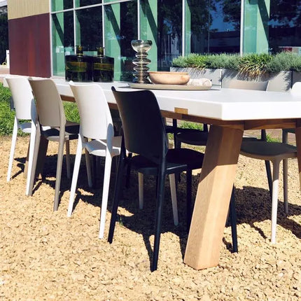 Garden Table | White Outdoor Table - 260 x 100 x 75 cm - Aluminium | Oak Wood