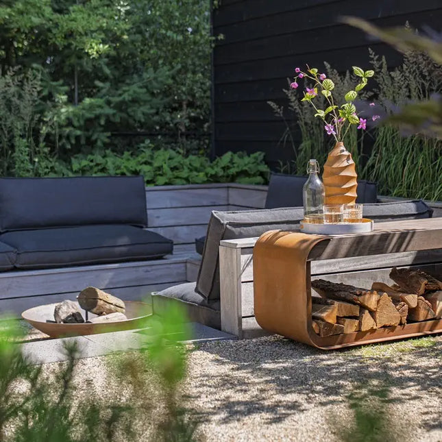 Panca contenitore in acciaio Corten e legno con seduta - 150 x 40 x 45 cm