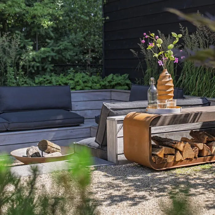 Cortenstaal Houtopslag met Zitting - 150 x 40 x 45 cm - Bankje