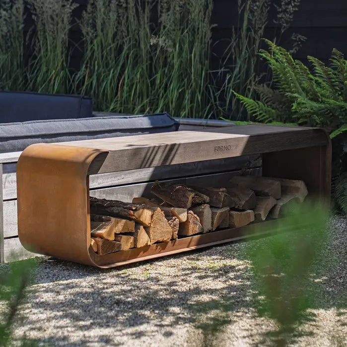Cortenstaal Houtopslag met Zitting - 150 x 40 x 45 cm - Bankje