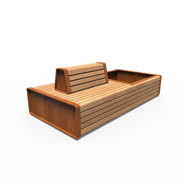 Jardinera de acero Corten con banco 2300 x 1100 x 765 mm