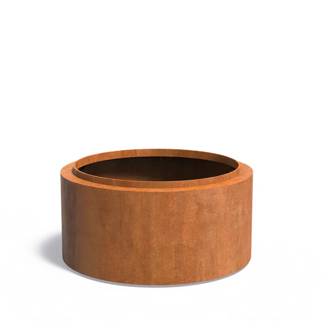 Jardinera redondo de acero Corten de 120 x 60 cm con borde.