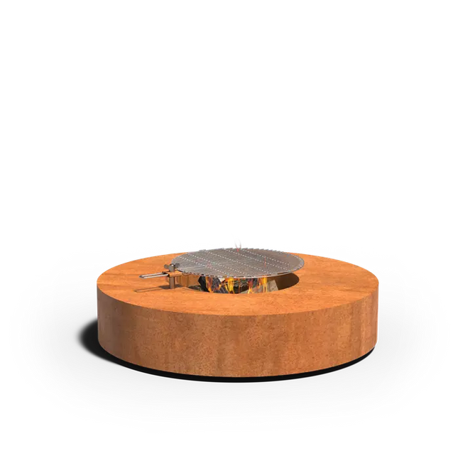 Mesa redonda de acero Corten con parrilla, 125 x 28 cm.