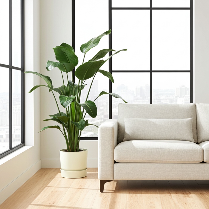 Strelitzia Nicolai inclusief elho Greenville Round wit - ↕160cm - Ø30cm