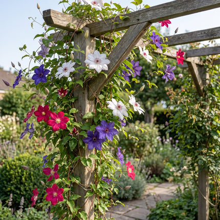 Clematis Tricolour - Driekleurige bosrank 9x - Paars - Roze - Wit - Klimplant - Ø9cm - ↕35cm
