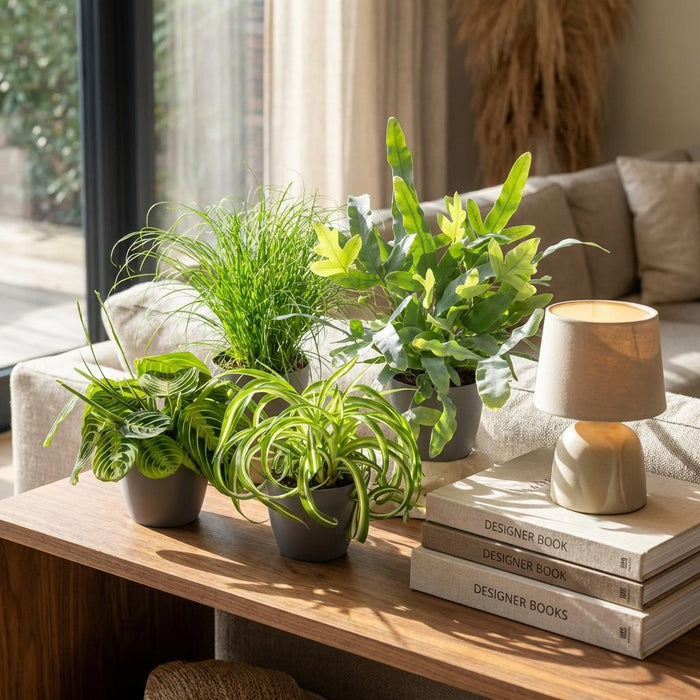 Plantenbox - Chlorophytum - Cyperus - Phlebodium - Marantha - met grijze plantenpotten - ↕25cm - Ø12cm - 4x